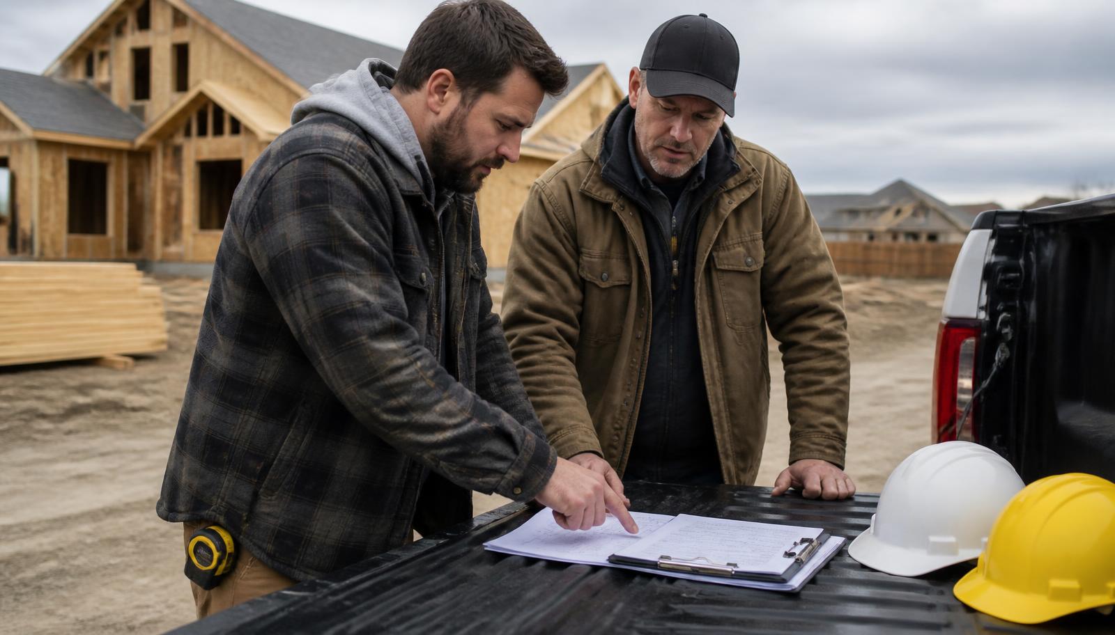 Two contractors reviewing paperwork spread across a truck tailgate at a residential jobsite with framed houses behind them