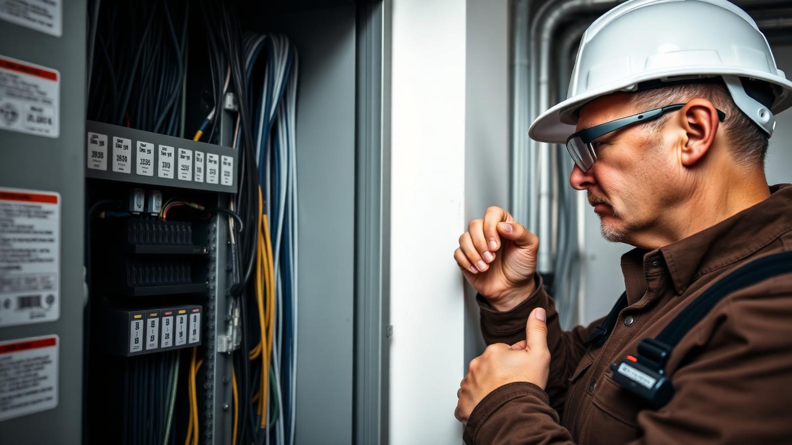 An electrician in a hard hat and safety glasses working at an open commercial panel with labeled circuits and organized conduit