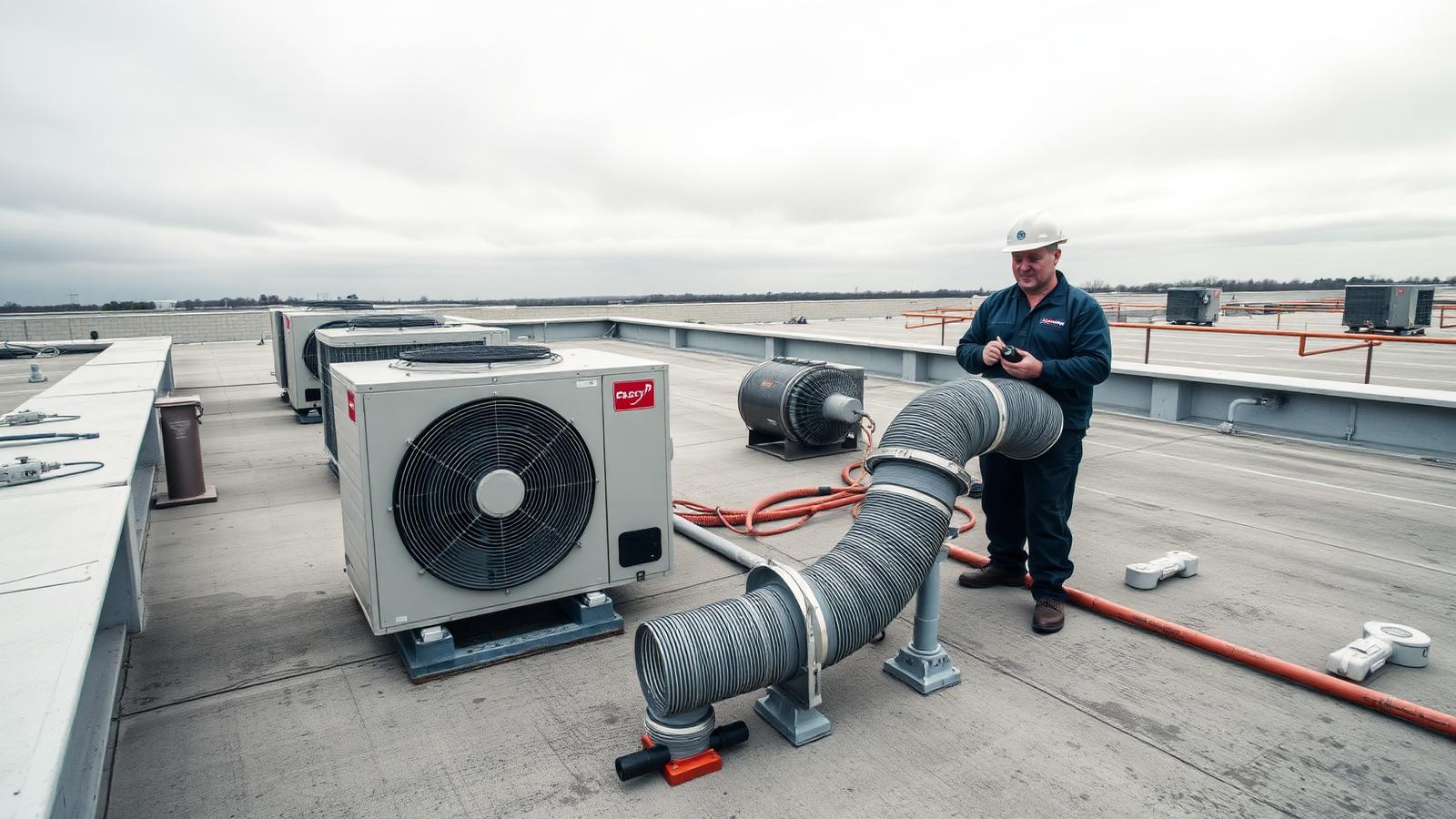 A technician checking gauges beside packaged rooftop units and spiral duct on a flat commercial roof with guardrail along the edge