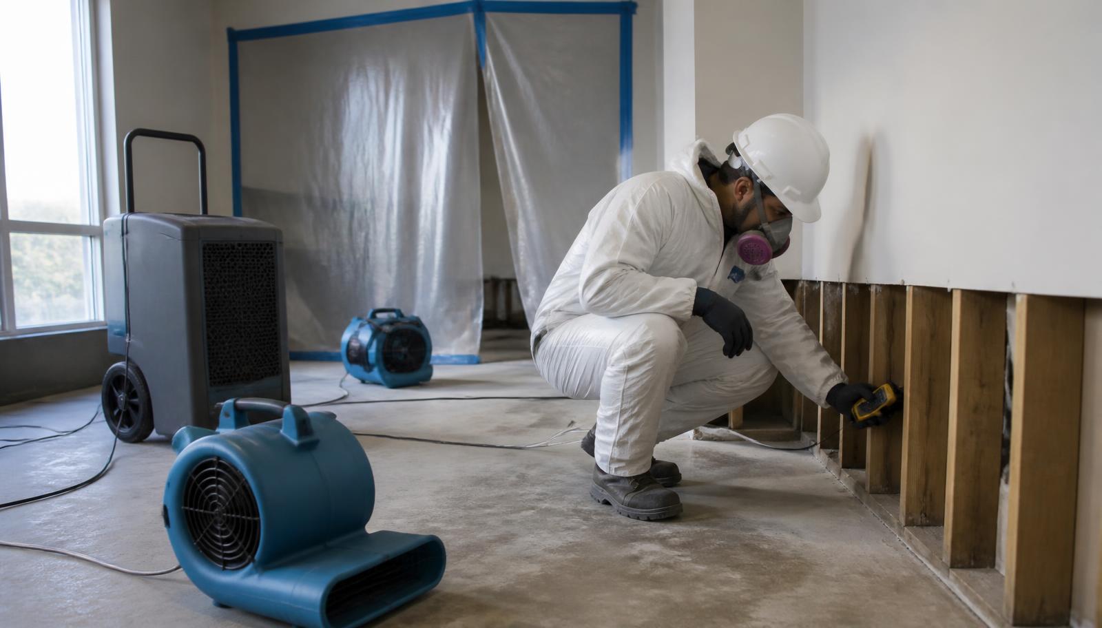 A restoration technician in a hard hat, respirator, and protective coveralls checking a moisture meter beside dehumidifiers and containment sheeting in a building being dried out