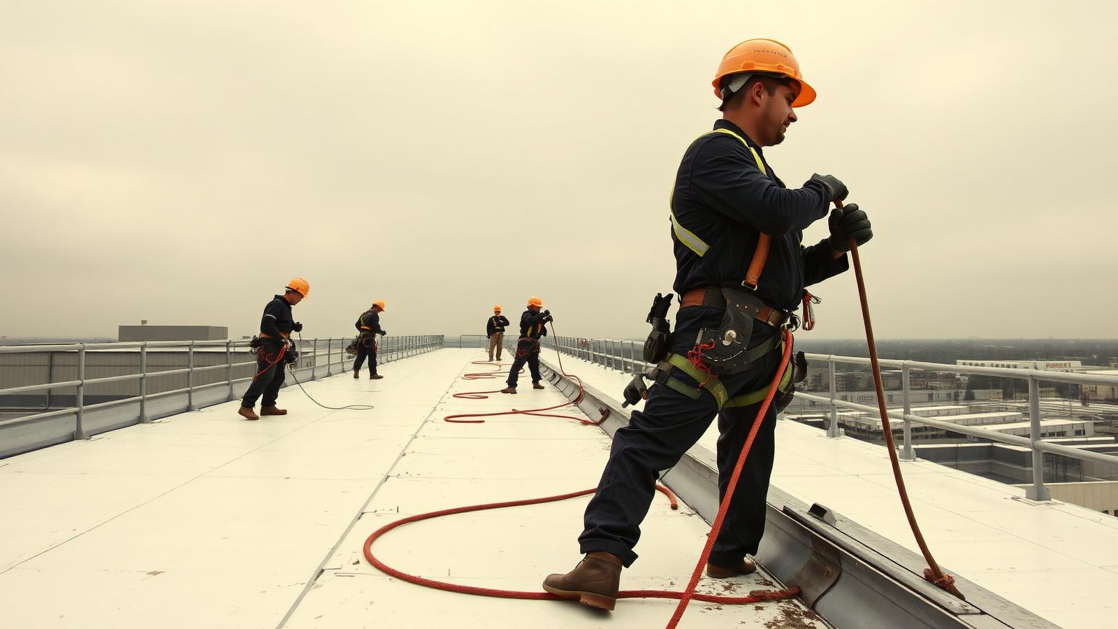 Roofers in harnesses with lifelines working a low-slope membrane roof behind a guardrail along the open edge