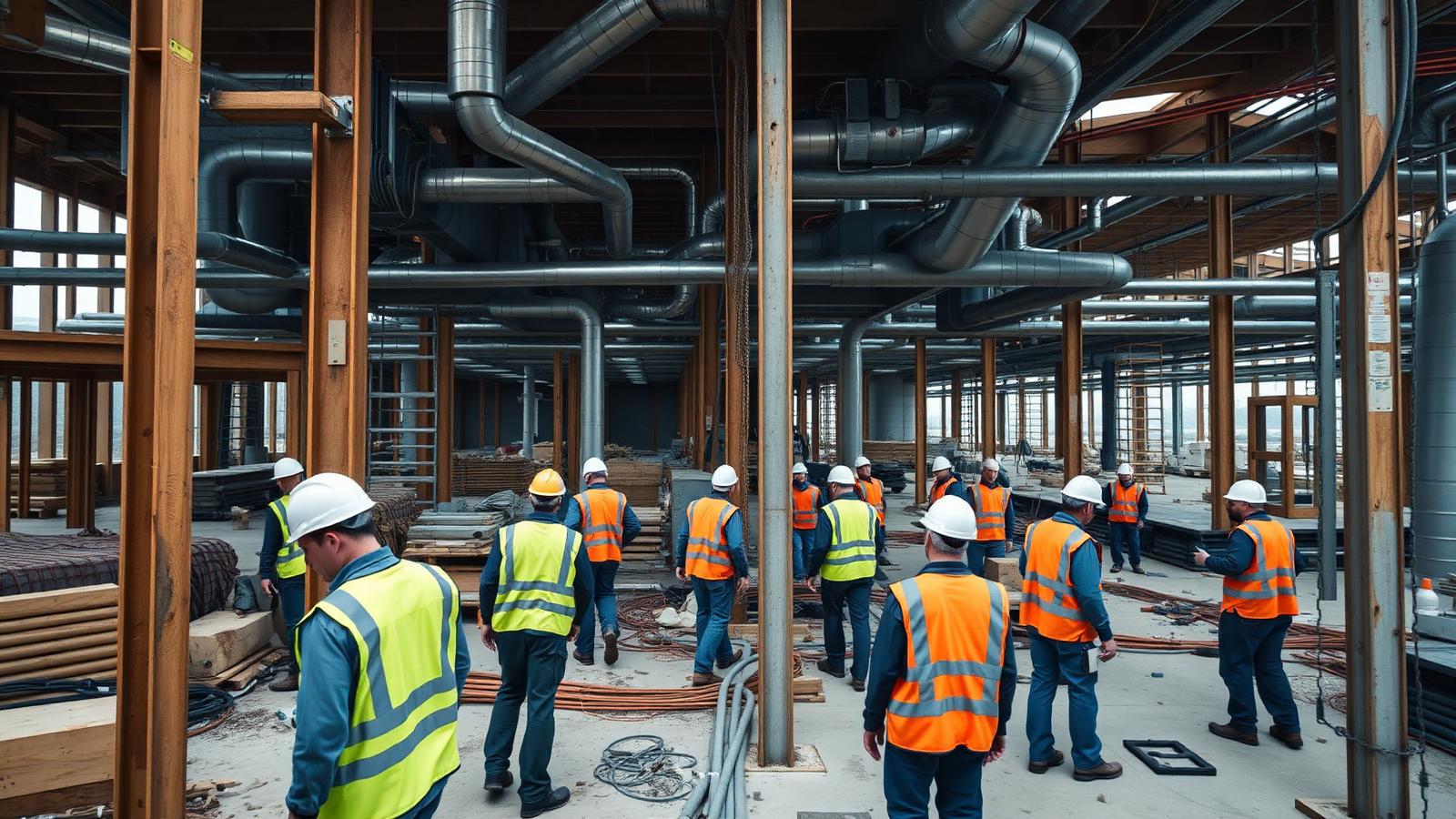 Several trades working at once inside a commercial building under construction, with ductwork and conduit overhead and crews in hard hats and high-visibility vests below