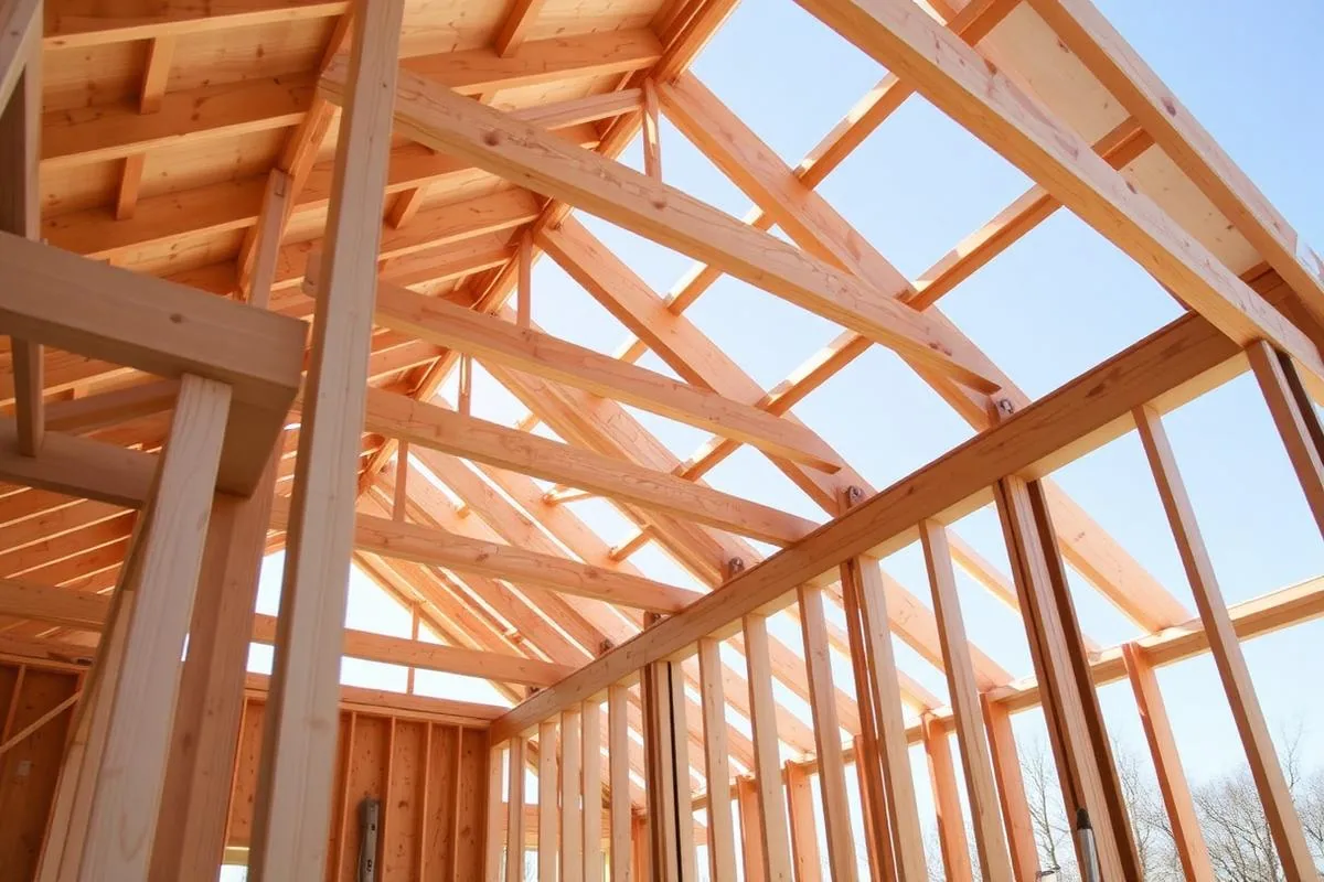 Roof trusses and stud walls of a newly framed house seen from inside before sheathing