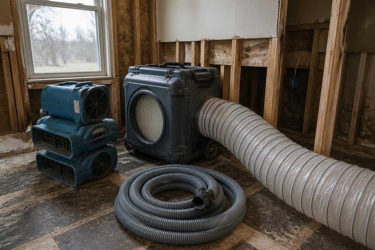 Air movers, an air scrubber with ducting, and coiled extraction hose staged in a stripped room where drywall has been cut away to the framing
