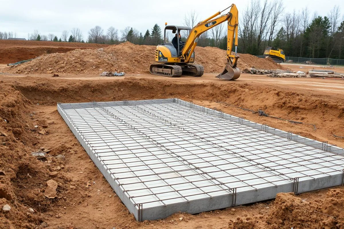 Rebar mat tied out over a formed foundation on a graded site with an excavator working behind it